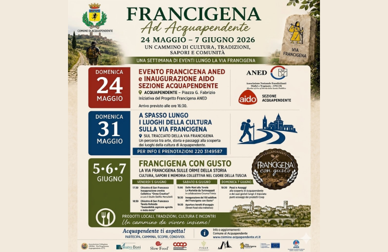Francigena ad Acquapendente 2026: cultura, cammini e sapori lungo la Via Francigena
