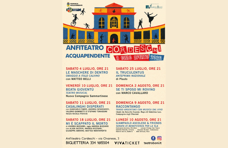Anfiteatro Cordeschi a Cielo Aperto 2026: ad Acquapendente un’estate di teatro, musica e spettacoli