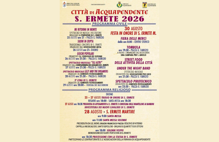 Festa di Sant’Ermete 2026 ad Acquapendente: il programma dal 25 al 30 agosto