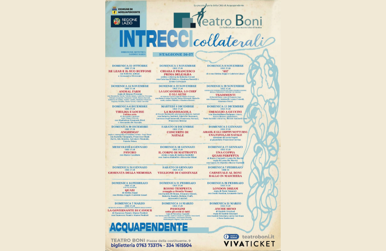 Teatro Boni di Acquapendente: al via la stagione teatrale 2026/2027 con “Intrecci Collaterali”